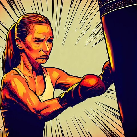 A woman using a punching bag during a boxing workout - Comic book style