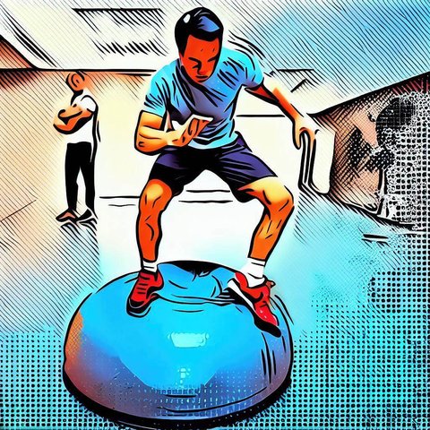 A person balancing on a bosu ball during a workout - Comic book style