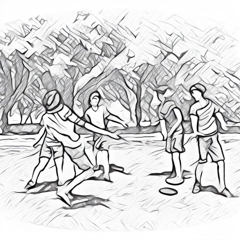 A group of friends playing frisbee in a park - Pencil drawing style
