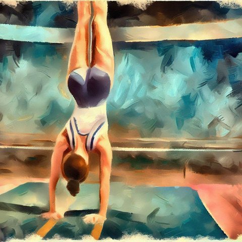 A woman doing a handstand on parallel bars in a gymnastics gym - Oil painting style