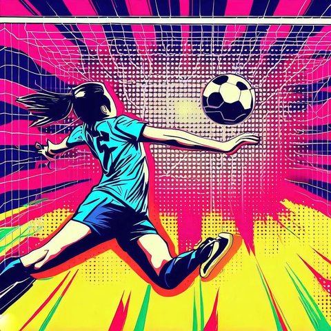 A soccer player heading a ball into the net - Pop art style