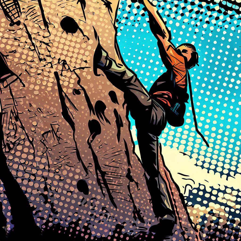 A rock climber scaling a challenging cliff - Comic book style