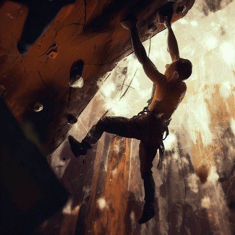A person rock climbing indoors - Cave painting style