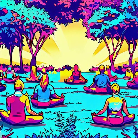 A group of people doing group meditation in a peaceful garden - Pop art style