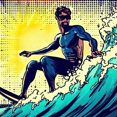 A surfer riding a wave - Comic book style