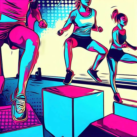 A group of people doing box jumps in a fitness studio - Pop art style