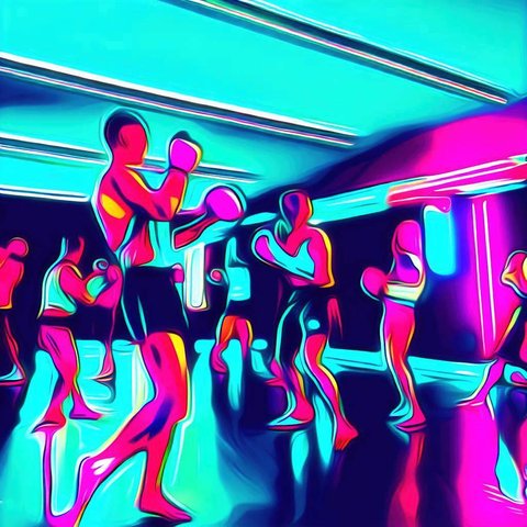 A group of people doing kickboxing workouts in a neon-lit gym - Pop art style