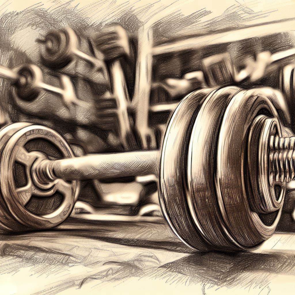 Dumbbell curls in a garage gym - Pencil drawing style