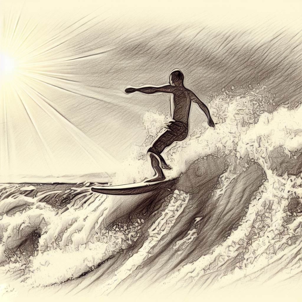Surfing the waves on a sunny day - Pencil drawing style