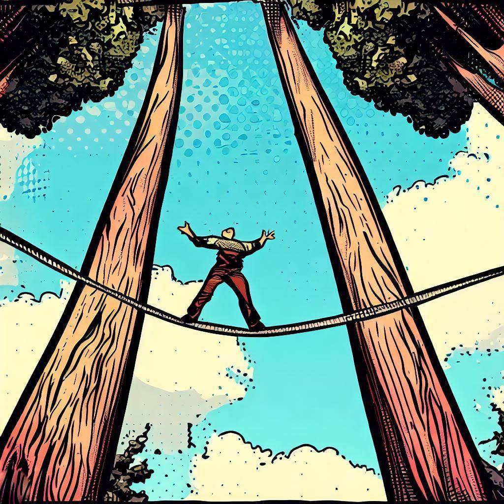 Slacklining between tall trees - Comic book style