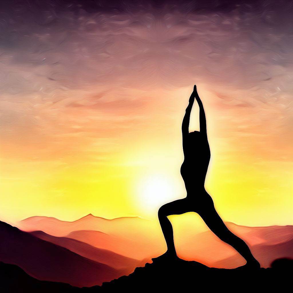 Sunrise yoga on a mountaintop - Cave painting style