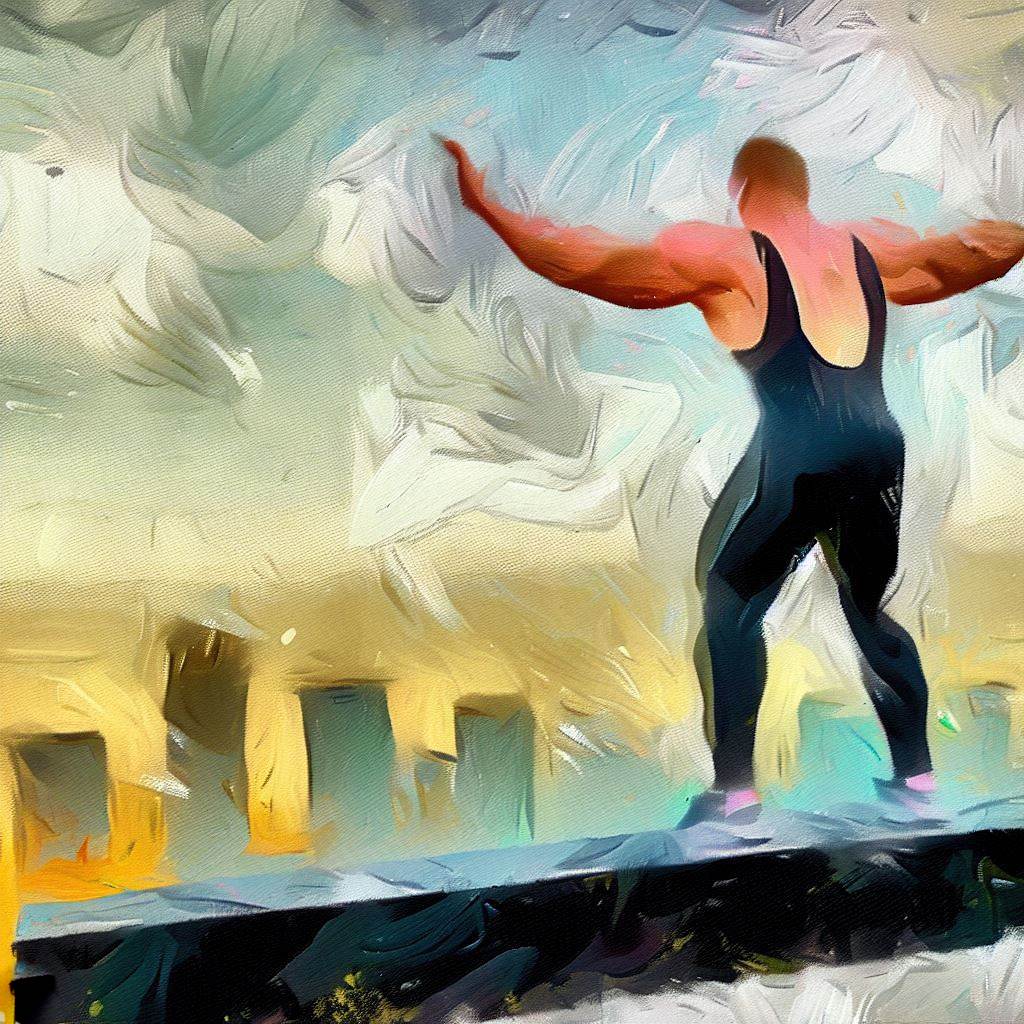 Bodyweight exercises on a city rooftop - Oil painting style