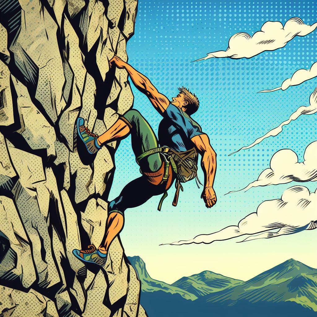 Person scaling a rock wall - Comic book style
