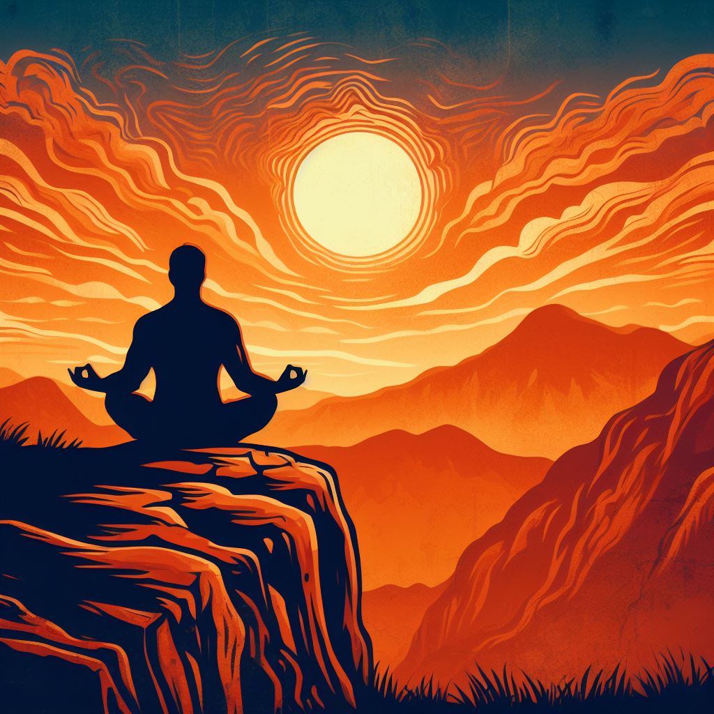 Sunset meditation on a hilltop - Cave painting style