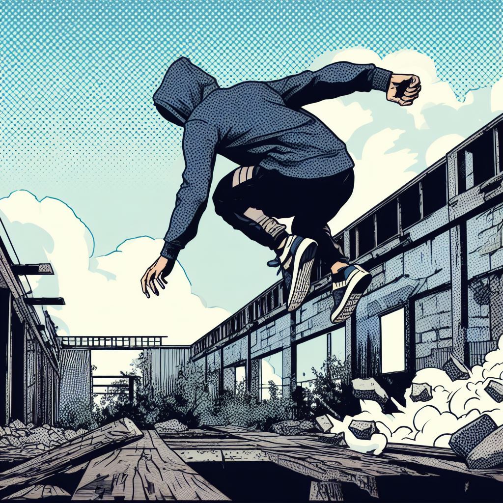 A person doing parkour in an abandoned area - Comic book style