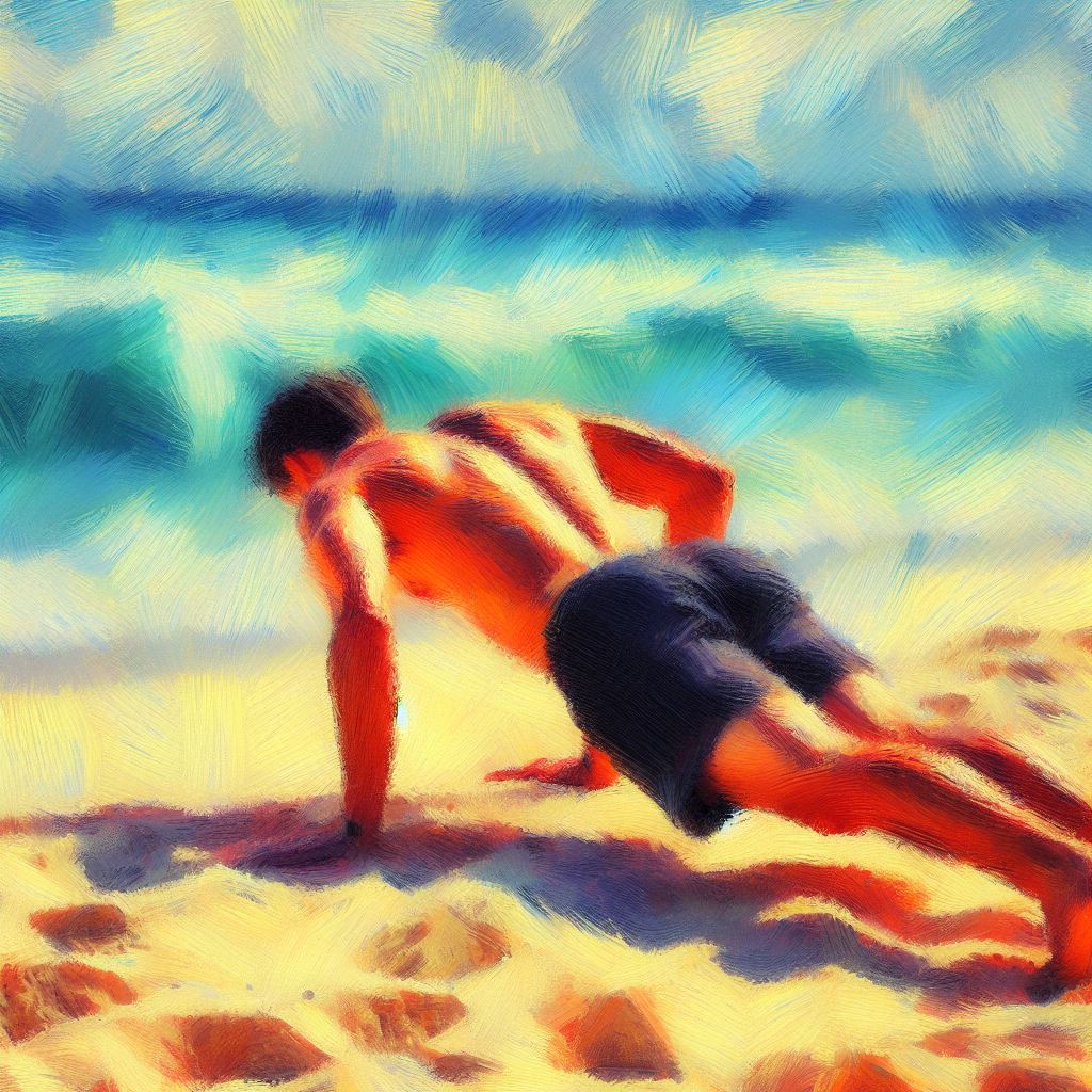 Someone doing push-ups on the beach - Impressionism style