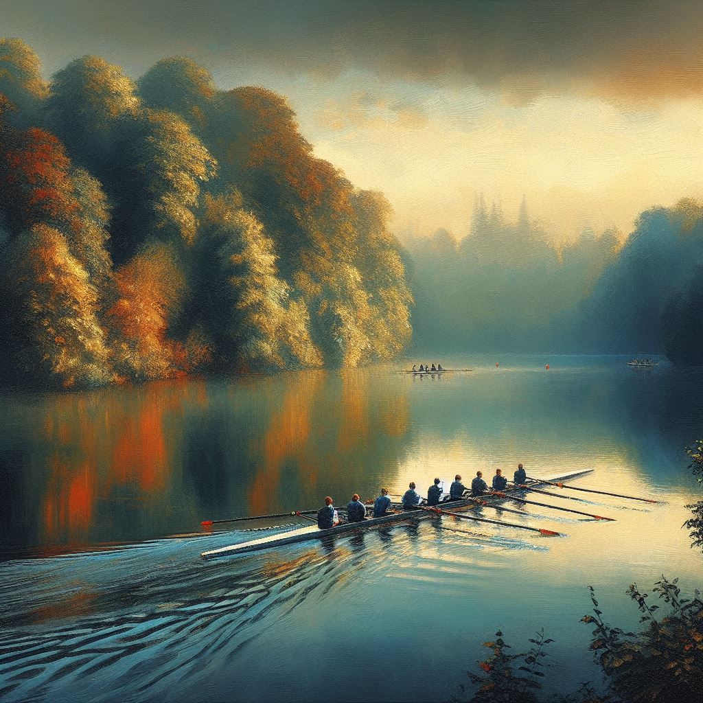 A rowing team on a serene lake - Oil painting style