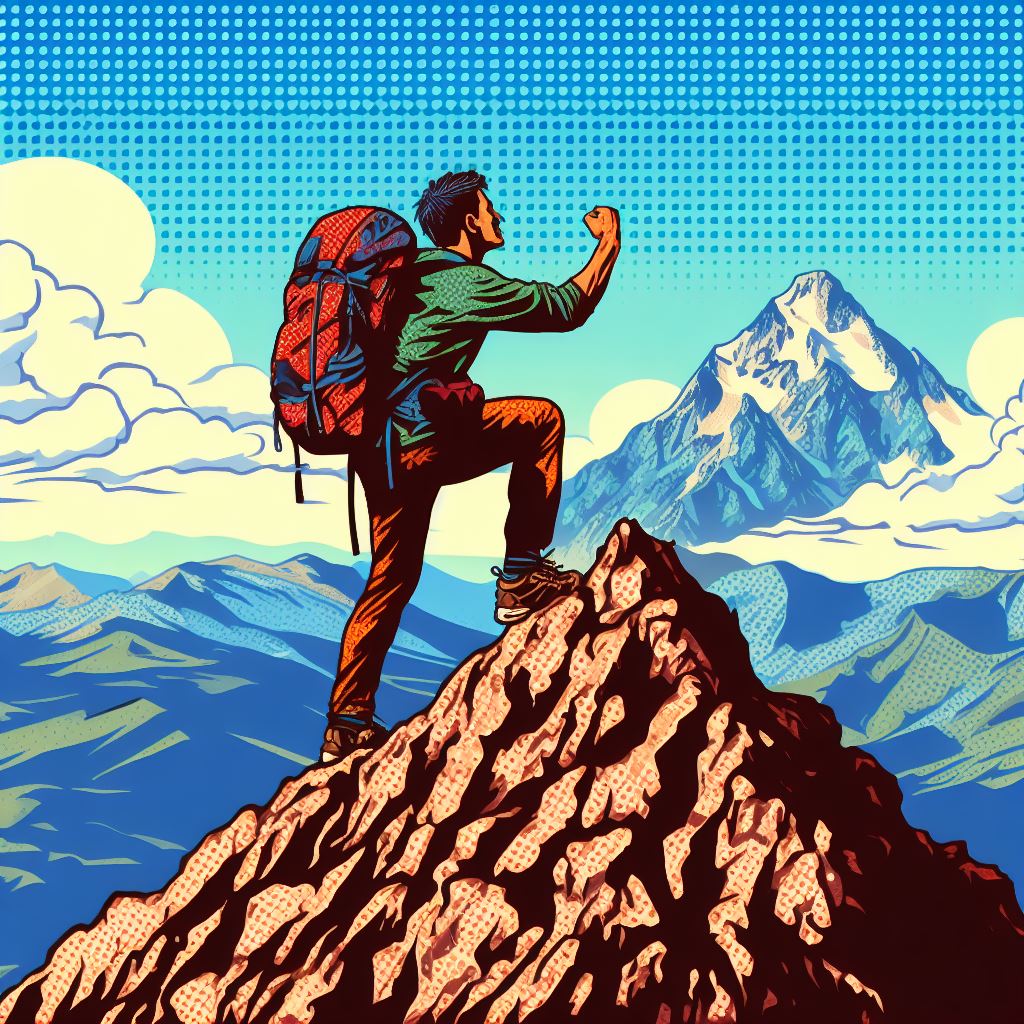 A hiker conquering a mountain peak - Pop art style