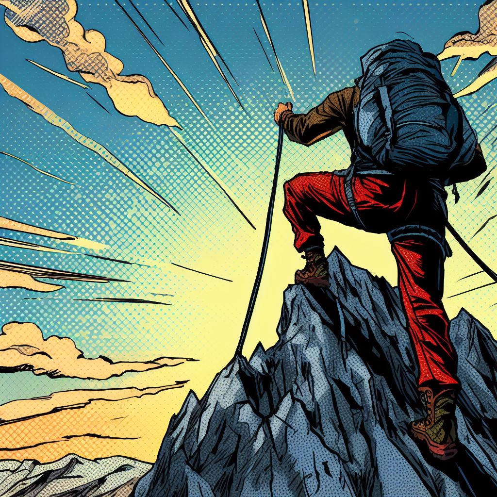 A climber reaching a summit - Comic book style
