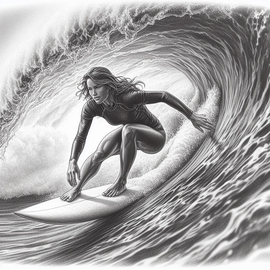 A surfer riding a tube wave - Pencil drawing style