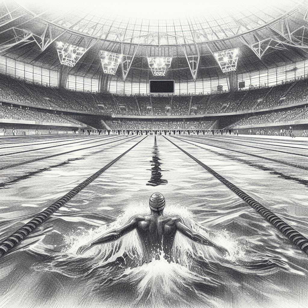 A swimmer doing laps in an Olympic-sized pool - Pencil drawing style