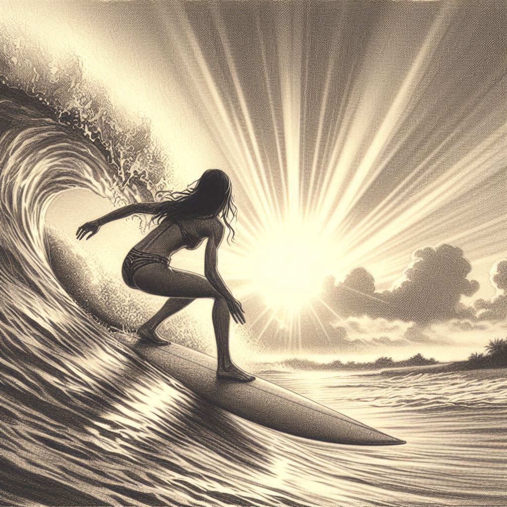 A surfer catching a sunset wave - Pencil drawing style