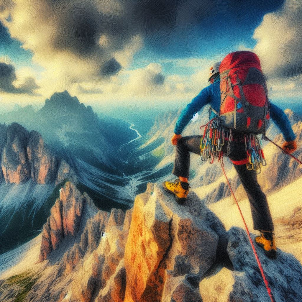 A climber making a challenging ascent - Impressionism style