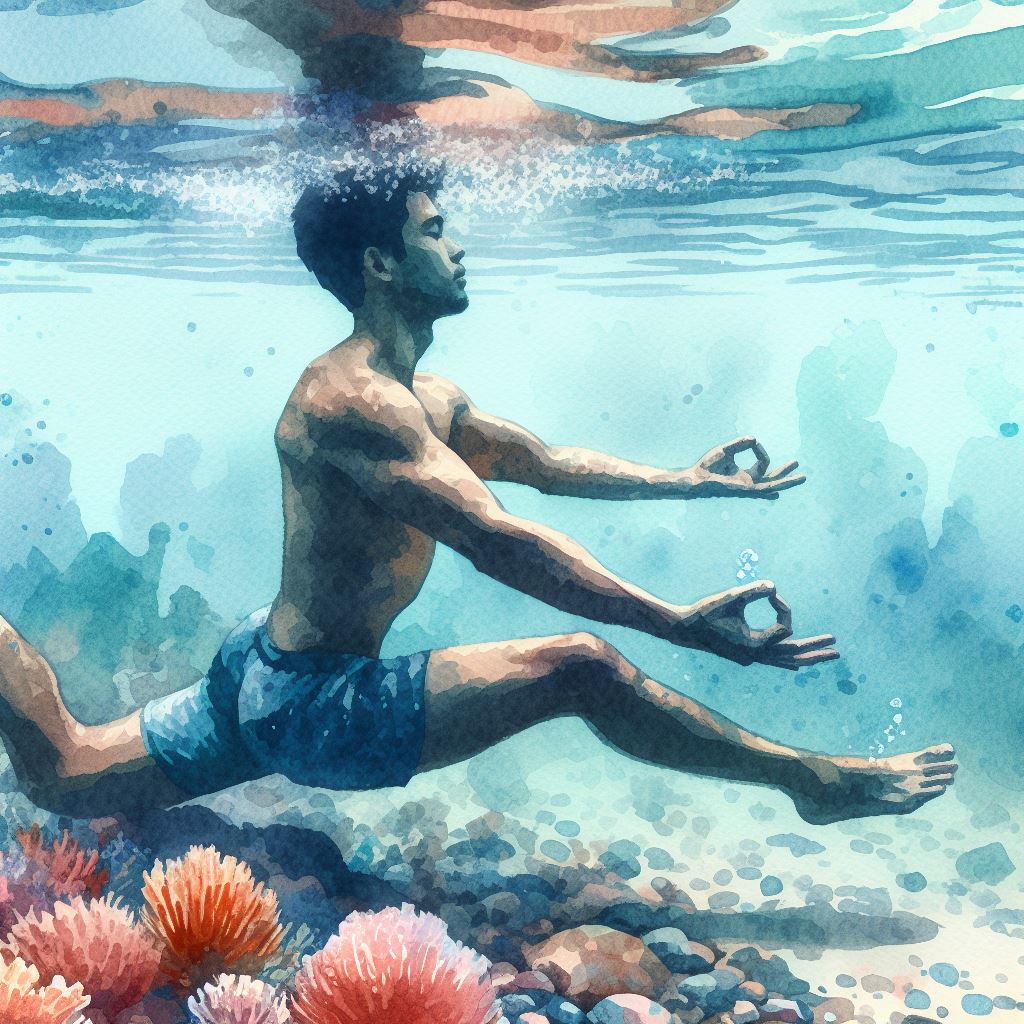 A person doing underwater yoga - Watercolor style