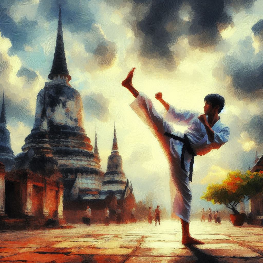 A martial artist executing a high kick - Oil painting style