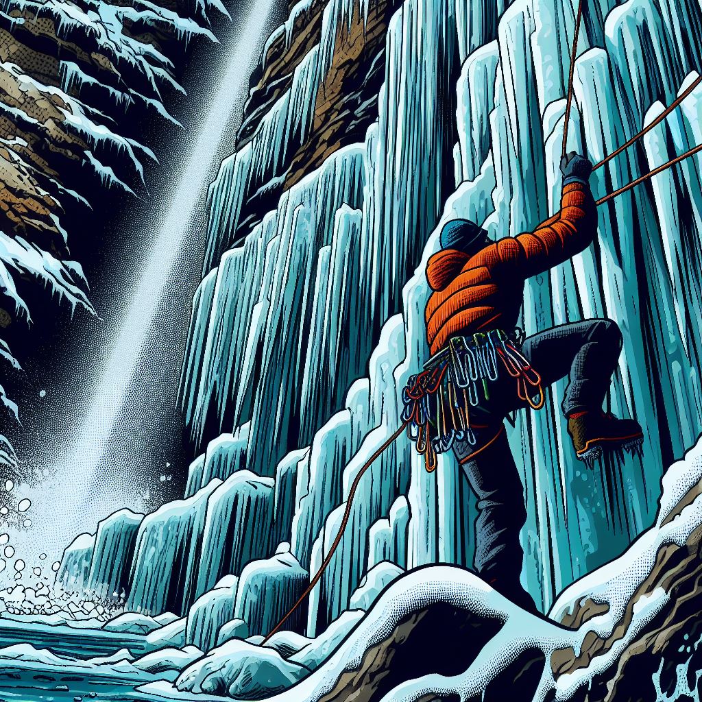 A climber ascending a frozen waterfall - Comic book style