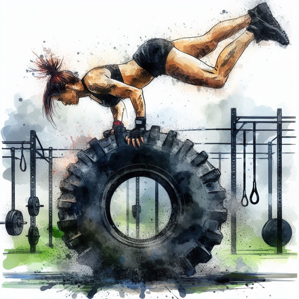 A crossfit athlete flipping a tractor tire - Watercolor style