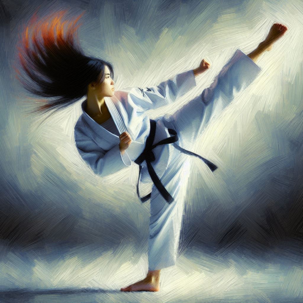 A martial artist executing a spinning kick - Impressionism style