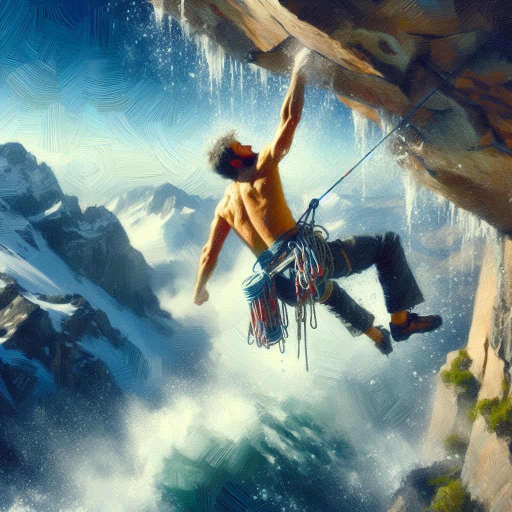 A climber making a precarious traverse - Oil painting style