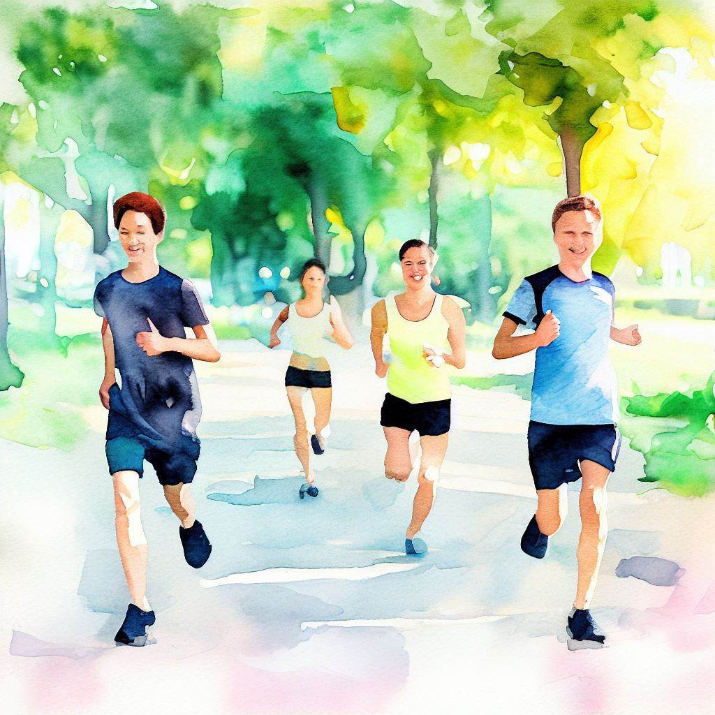 A group of friends jogging in a park. - Watercolor style