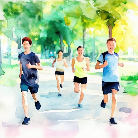 A group of friends jogging in a park. - Watercolor style